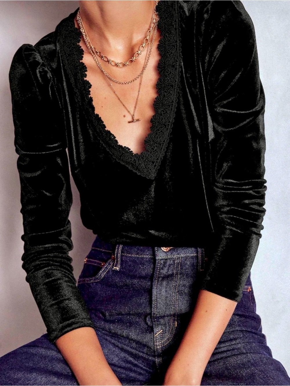 Zara Black Velvet Lace-Trim V-Neck Bodysuit